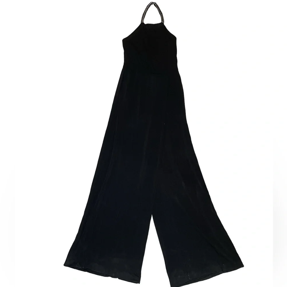 Mango Black gunmetal accent Halter asymmetric Evening widleg Jumpsuit Womens S